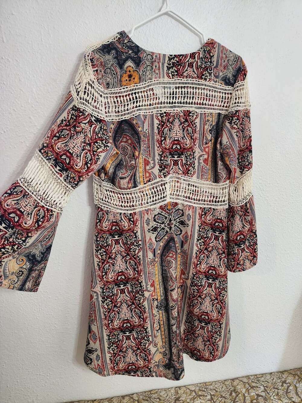 Lord&Taylor Paisley Crochet Trim Boho Chic Tunic Dress Bell Sleeves Cowgirl - Picture 3 of 8
